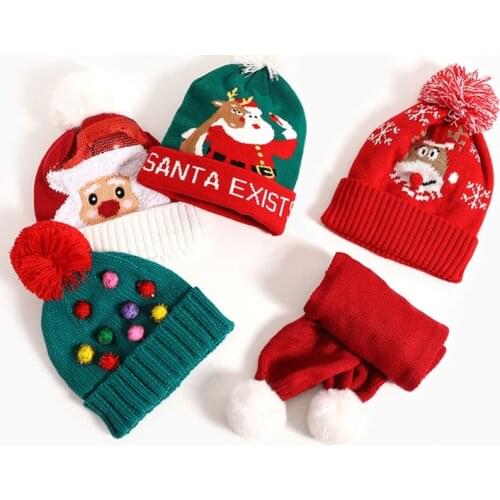Christmas Baby Knitted Hats Cute Pom Winter Hat and Scarf for Children Boys Girls Warm Kids Cartoon Animals Beanie 3-10 Years