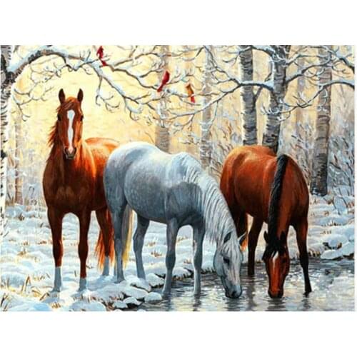 Snow Two Horse Animal DIY Cross Stitch 11CT Embroidery Kits Needlework Craft Set Cotton Thread Printed Canvas Home Sale