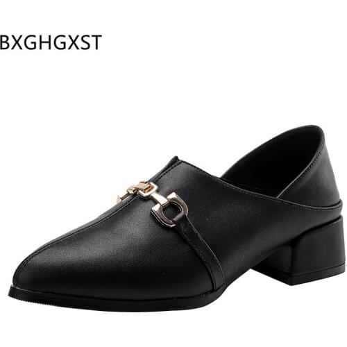 Leather Oxford Shoes Women Pumps Designer Pointed Toe Black Office Shoes for Women Block Heels 2021 Loafers Women Shoes Casual