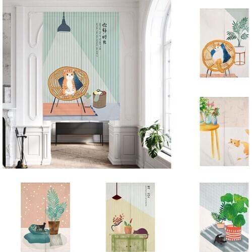 Cartoon Cat Bedroom Kitchen Partition Curtain Half Panel Curtaiin Door Curtain Home Decoration