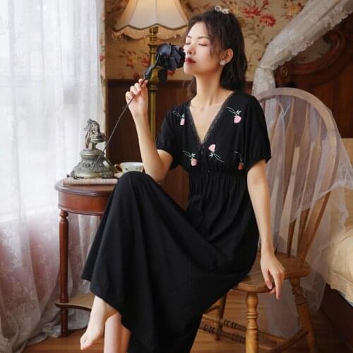 Black Sexy V-Neck Long Nightgown Womens Cotton Home Dress Sweet Lace Nightdress Flower Sleepshirts Summer New Backless Sleepwear