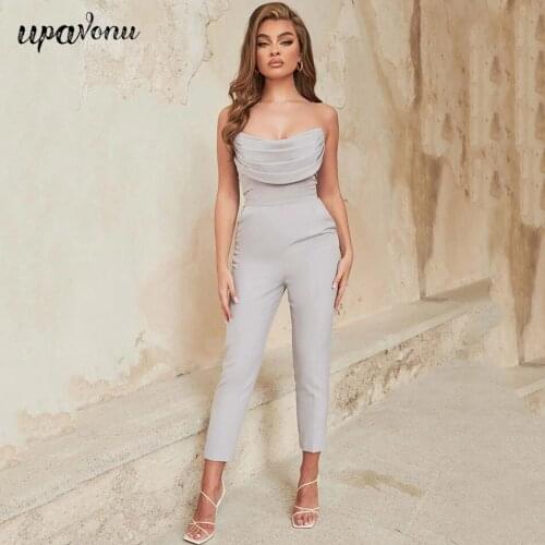 Free Shipping 2021 Sexy Tube Top Sleeveless Jumpsuit Womens Gray Bodycon One Piece Cropped Pants Fashion Elegant Party Jumpsuit