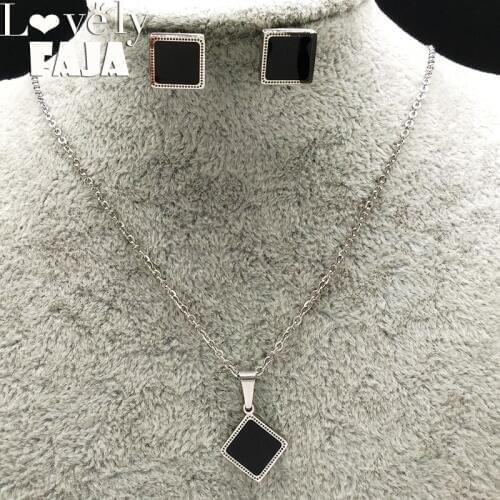 Enamel Stainless Steel Jewelry Sets Women Geometry Silver Color Earrings Necklace Sets Jewelry acero inoxidable joyeria 178556