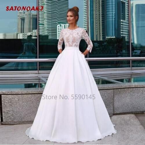 Elegant White Princess Satin Wedding Dress Jewel Neck 3/4 Sleeve Lace Appliques Bridal Gowns Pocket Vestido De Novia Online Shop