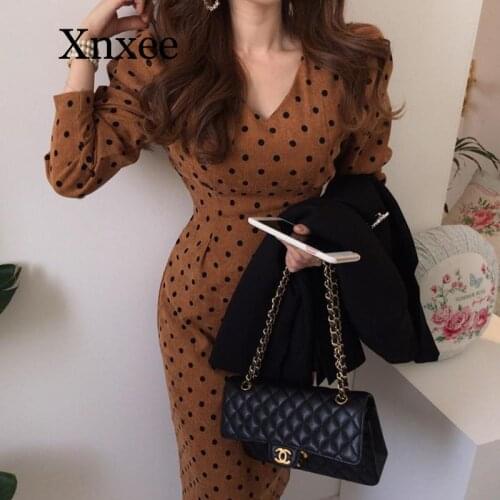 Midi dress women casual v neck bodycon chic polka dot runway elegant long sleeve high waist spring autumn pencil dress new