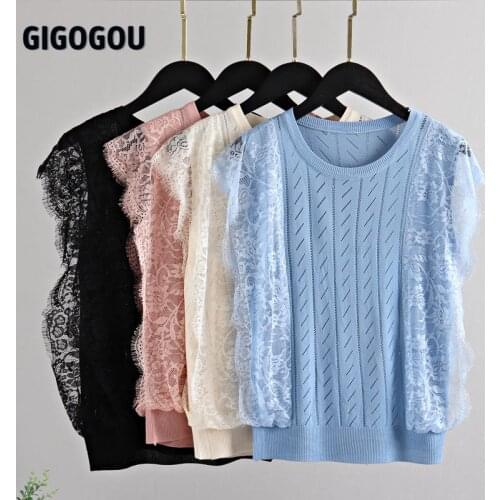 GIGOGOU Knitted Vests Women Top O-neck Solid Tank Blusas Mujer De Moda Summer New Fashion Female Sleeveless Chic Lace Thin Tops