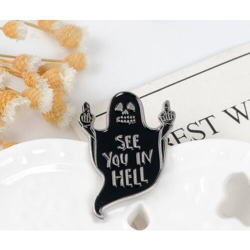Black Ghost Middle Finger Enamel Pin See you in hell Badge Brooches Bag Clothes Lapel pin Funny Punk Gothic Jewelry Gift