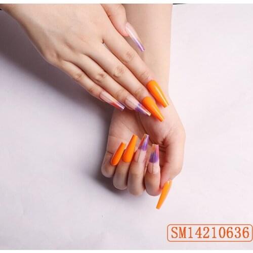 24pcs Orange Nail Patch Glue Type Removable Long Paragraph Fashion Manicure Save Time False Nails Patch Nail Sticker