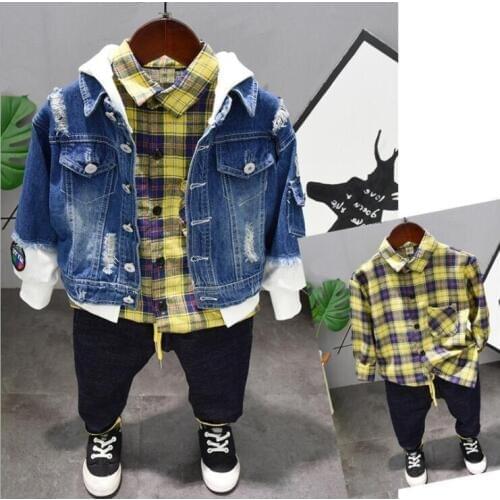 Children fashion Autumn winter baby boys clothing sets Hooded coat+ shirt + jeans 3pcs set Boys clothing set 2-7years