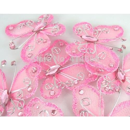 Free Shipping 50Pcs Pink Organza Wire Rhinestone Butterfly Wedding Decorations For Scrapbook