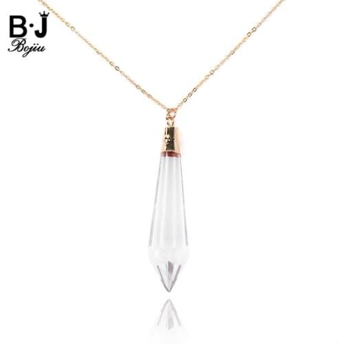 BOJIU Long Ladies Crystal Pendant Necklaces Gold Link Chain Jewelry Clear Hexagonal Column Glass Necklace For Women Girls NKS209