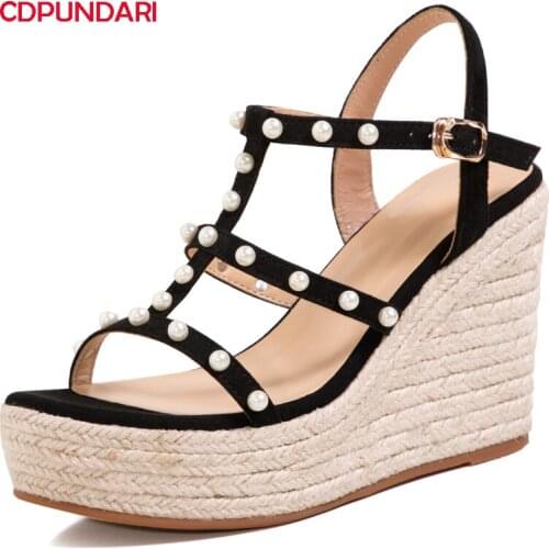 Fashion String Bead Genuine Leather Wedges Sandals Women High Heels Platform Sandals Summer Casual Shoes 2021 Sandalias Mujer