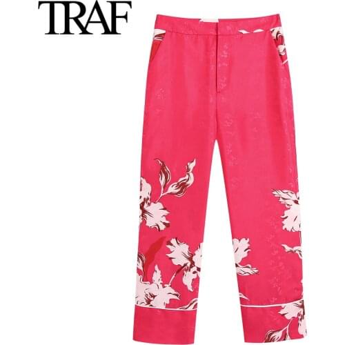 Traf Za Woman Clothes Fashion High Waist Wide Leg Pants Office Lady Red Pants Vintage Streetwear Printed Trousers Mujer