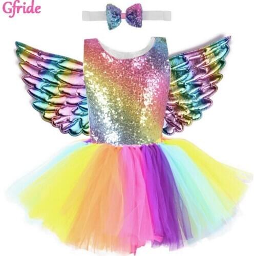 Kids Rainbow Unicorn Sequins Tutu Dress for Girls Backless Sleeveless Fancy Party Dress Children Birthday Theme Party Costumes