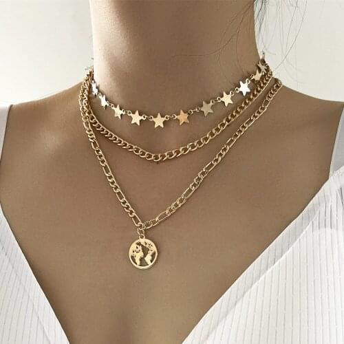 DIEZI Exaggerated Personality Gold Color Chain Necklace For Women Bohemian Five-pointed Star Map Ocean Pendant Necklace Jewelry