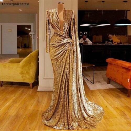 Deep V Neck Gold Colour Sequins Long Sleeves Prom Dresses Mermaid Party Gowns Women Wear Plus Size Available