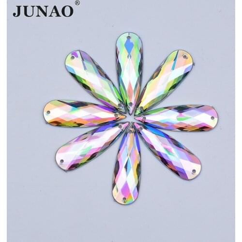 JUNAO 20pcs 10x30mm Sewing Drop Shape Crystal AB Rhinestones Flatback Acrylic Crystals Sew On Stones for Needlework Clothes