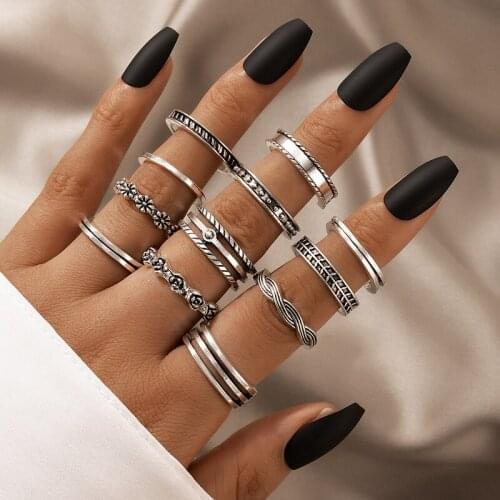 Docona 12pcs/set Vintage Ancient Silver Color Rings for Women Elegant Roseflowers Opening Ring Set Female Jewelry Anillos 19034