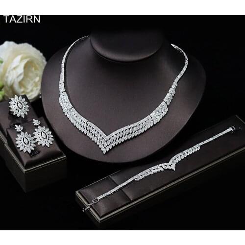 Jewelry Set Luxury Wedding Dress Accessories Full Zircon Necklace Bracelet Earrings Ring Bride Platinum CZ Birthday Ornaments