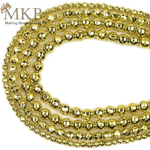 Natural Golds Yellow Nano Vacuum Plating Hematite Stone Spacer Faceted Round Beads For Jewelry Making 3mm-10mm Diy Bracelet 15"