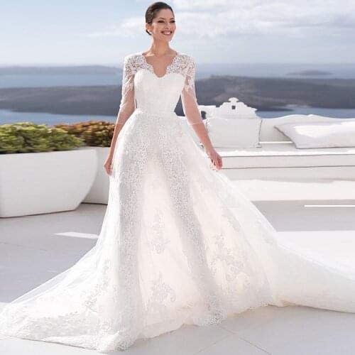 Lace 3/4 Sleeves Wedding Dresses 2021 V Neck Appliques Bridal Gowns A Line Princess Wedding Gown Robe De Mariee Lace Up