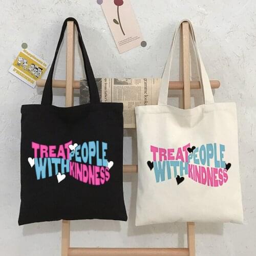 Ulzzang Fashion Casual Punk Large Capacity Cartoon Women Bag Treat People with Kindness Shoulder Bags Fine Line Canvas Bag