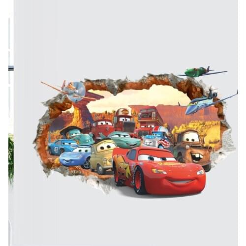Cartoon Disney Mcqueen Cars 3D Wall Stickers For Boys Room Fake Window PVC Wallpaper Murals Sticker Decals Kids Room Decoration