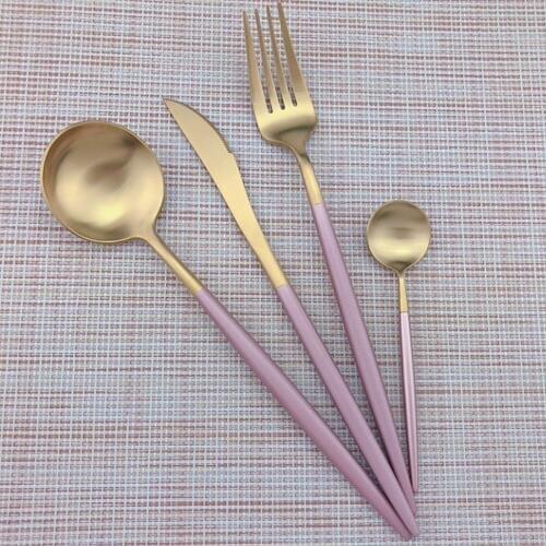 5 pcs Tableware Golden Stainless Steel Flatware Cutlery Set Dinner Knives Dessert Salad Forks Spoon Round Scoops Dinnerware Set