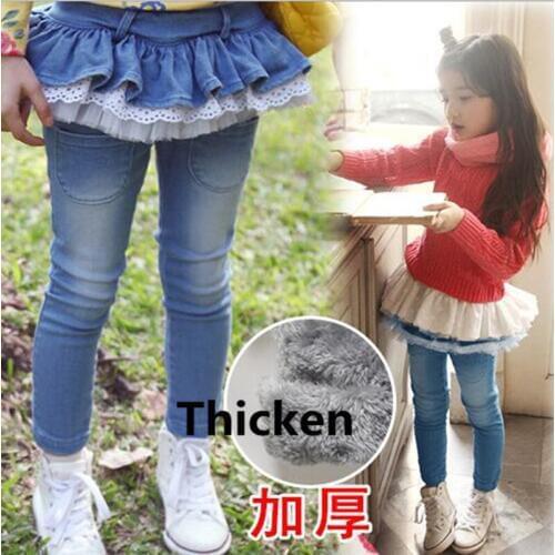 New toddler girls legging cotton jeans lace cuff pants elastic waist girls pants warm Denim Jeans winter casual kids Trousers