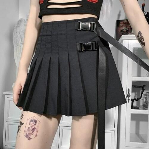 Korean Girl High Waist Pleated Skirt Adjustable Buckle Streamer Hot Short Skirt Summer Punk Black Skirt Short Skirt