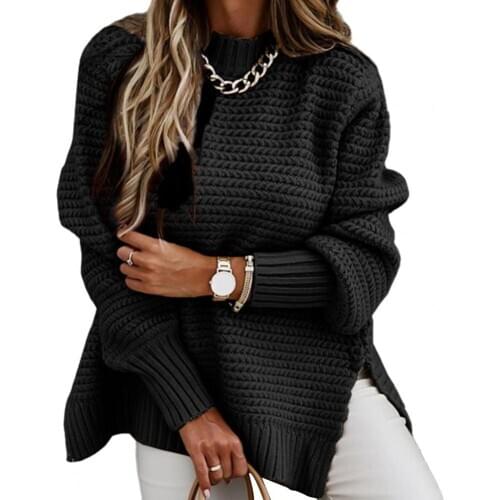 Sweater Women Autumn Winter Mock Neck Side Split Hem Long Puff Sleeve Sweater Pullover