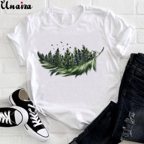 Unaiza Women 2021 Feather Bird Short Sleeve Printing Fashion Lady Clothes Print Tshirt Female Tee Top Ladies Graphic T-shirt