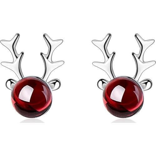 Elegant Christmas Deer Elk Animal Garnet Gem Stone 925 Sterling Silver Ladies Stud Earrings Original Jewelry For Women No Fade