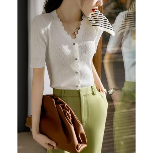 Smile commuter charm v-neck lace knitting cardigan summer short-sleeved blouse female thin model