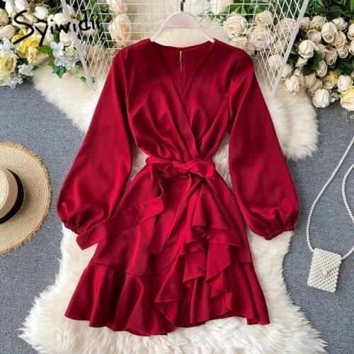 Syiwidii Irregular Dress for Women 2021 Korean V Neck Puff Sleeve Party Ruffles A Line Mini Summer Dresses with Belt Green Black