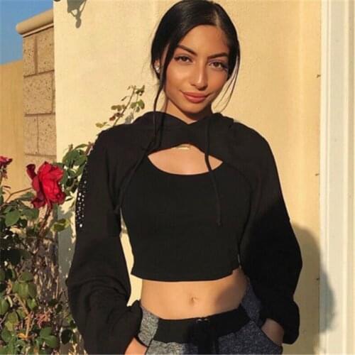 Womens Long Sleeve See Through Cropped Hoodie Women Sexy Mesh Fish Net Hooded Chest Hollow Sweatshirt Tops Pullover Club Wear