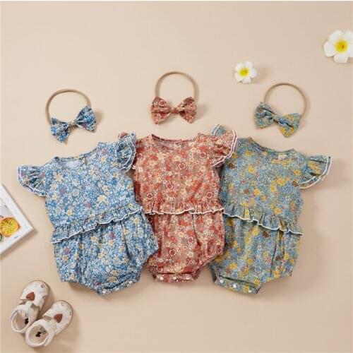 3 Colors Summer Baby Girls Rompers Cotton Newborn Clothes Floral Baby Clothing Fly Sleeve Ruffles Jumpsuits Headband Outfits