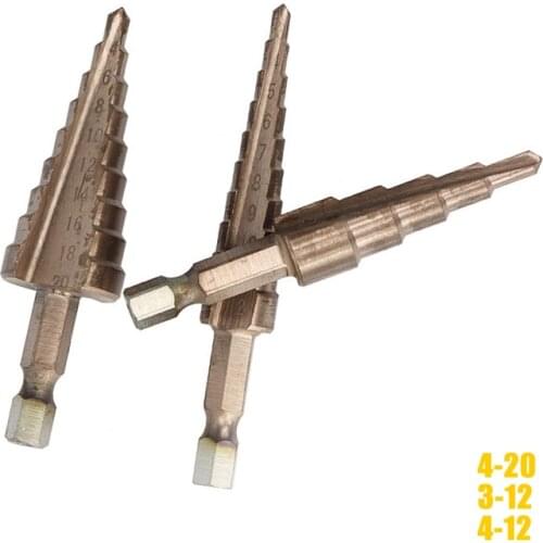 3 pcs 3-12/4-12/4-20mm Bronze Coating HSS Step Drill Bits 1/4'' Hex Shank Wood Metal Hole Cutter Core Drilling Tools Set