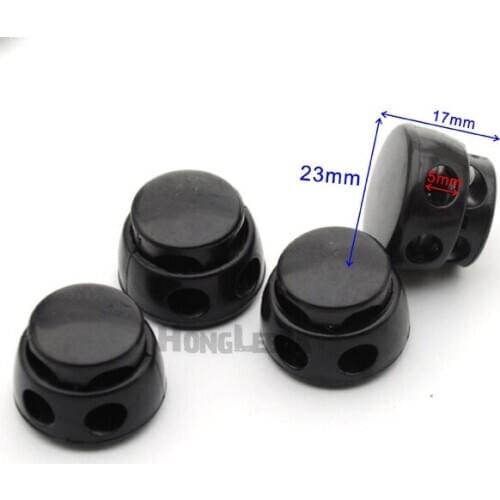 70 pcs / lot K-345 big black plastic round ball cord lock toggles 2-hole stoppers 5mm bungee shock cord free shipping