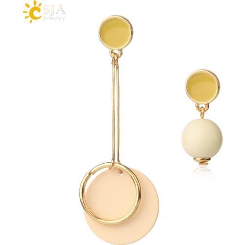 CSJA Asymmetric Stud Earrings Gold-color Geometric Metal Earring Round Flat Beads Female Simple Stylish Party Jewelry Gift G479