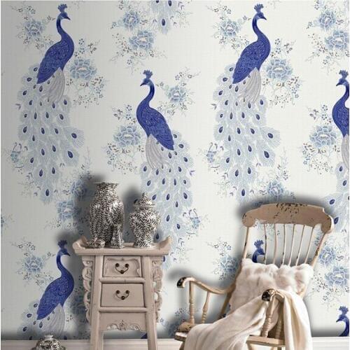 Bacaz 3d Chinese Style Blue Peacock Wallpaper Rolls for Background non-woven wall paper entranceway vinyl Animal wall coverings