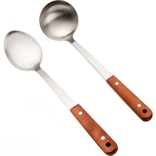 Big cooking Soup Spoon Stainless Steel Cooking Tool Wooden Handle Korean Kitchen Supplies Items Cooking Kitchen Accessories