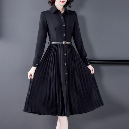 Black pleated shirt dress women spring autumn long sleeves slim pleated dress office ladies fashion long work dress female