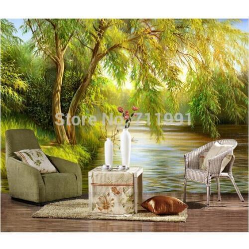Trees river oil painting nature 3d wallpaper mural papel de parede,living room sofa tv wall bedroom wall papers home decor
