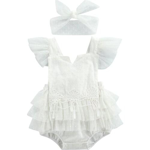 2021 0-24M Sweet Baby Girls Playsuit Infant Summer Creative Dot Pattern Lace Splicing Fly Sleeve Backless Romper+Bow Headwear