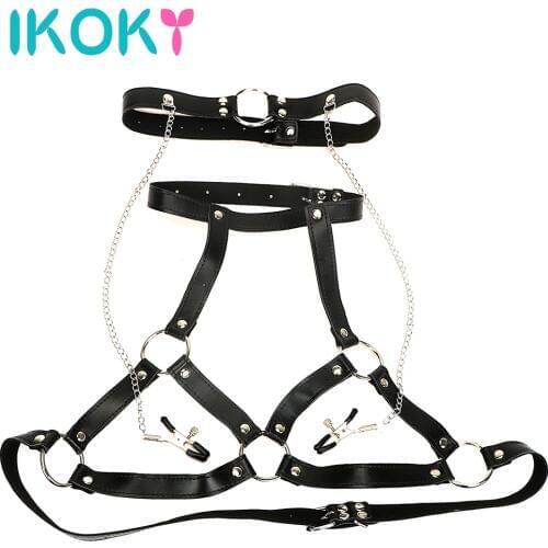 IKOKY Sex Toys For Women Restraints PU Leather Breast Clips Body Harness O Ring SM Bondage Nipple Clamps Fetish Mouth Gag