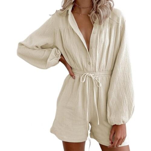 Summer Womens Jumpsuit Long Sleeve Drawstring One-piece Single Breasted Lapel Pocket Rompers Women long sleeve jumpsuits 2021