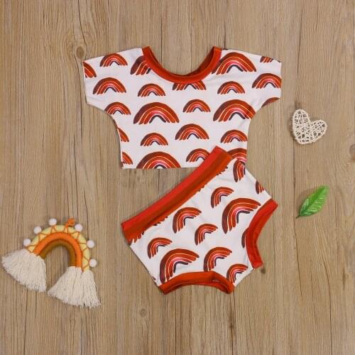 3 Colors Kids Girls Summer T-shirt+Shorts Set Toddler Baby Fresh Rainbow Printed Short Sleeve Tops+Triangle Short Pants Outfits