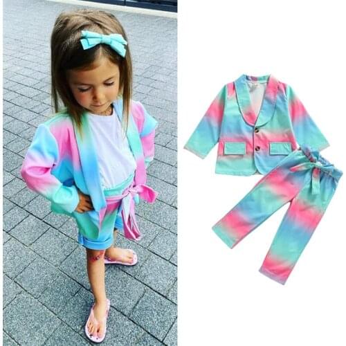 2-7Y Fashion Toddler Baby Girls Clothes Sets Tie-Dye Printed Long Sleeve Button Jacket Tops+Pants+Belt Outfit 3pcs