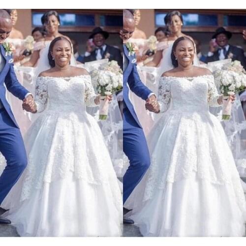 Lace African Plus Size A-line Lace Wedding Dresses Beatu Neck Long Sleeves Wed Dress Wed Bridal Gowns robe